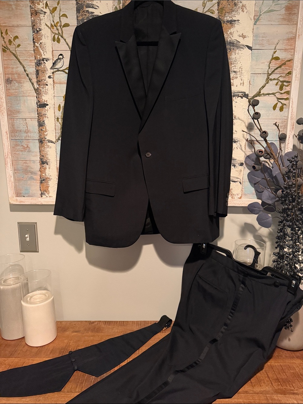 Classic Men’s Black Tuxedo Suit Jacket, Trousers and Cummerbund